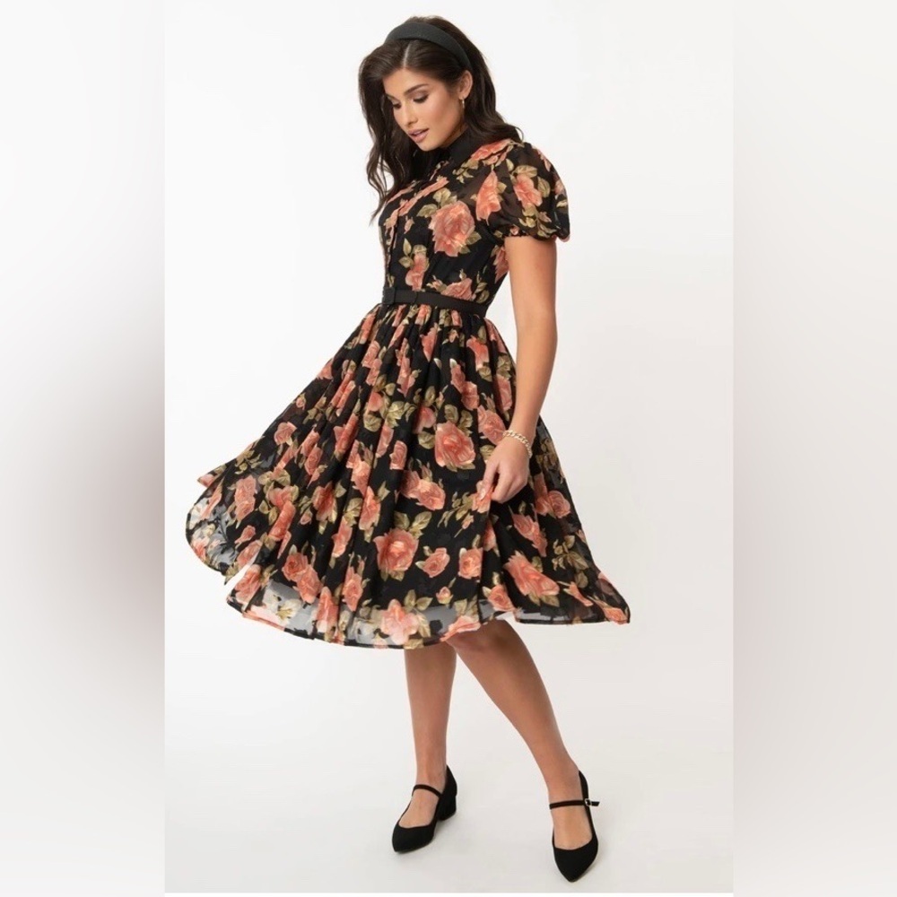 Unique Vintage Black Floral Fit-and-Flare Dress with Peach Roses